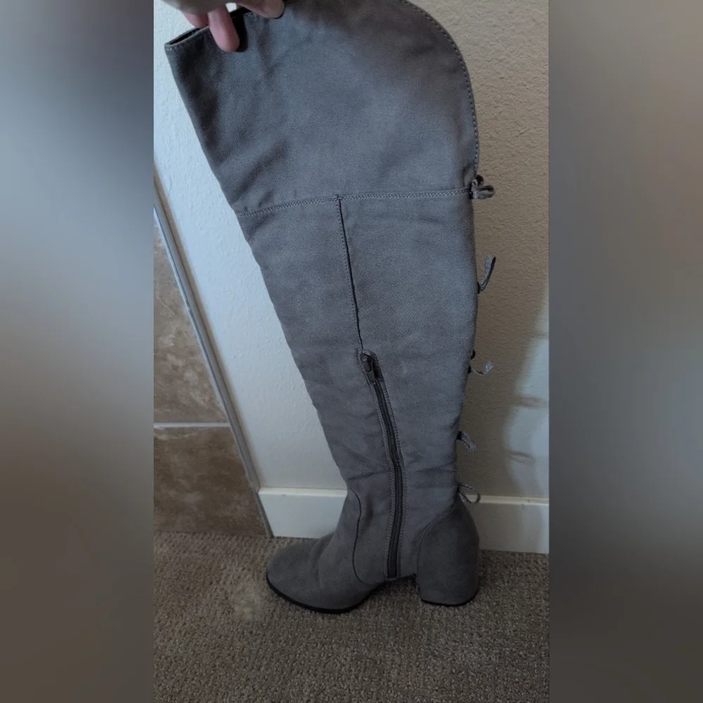 Charming Charlie Tall Bow Back Detail Grey Suede Heeled Boots